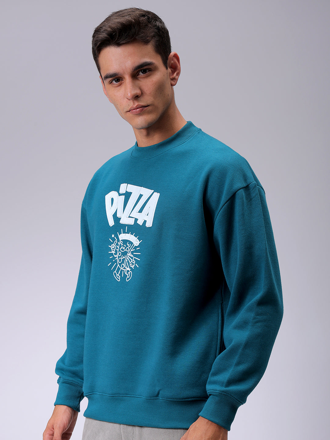 Men's Green Relaxed Fit Placement Printed Overhead-Crewneck Sweatshirt