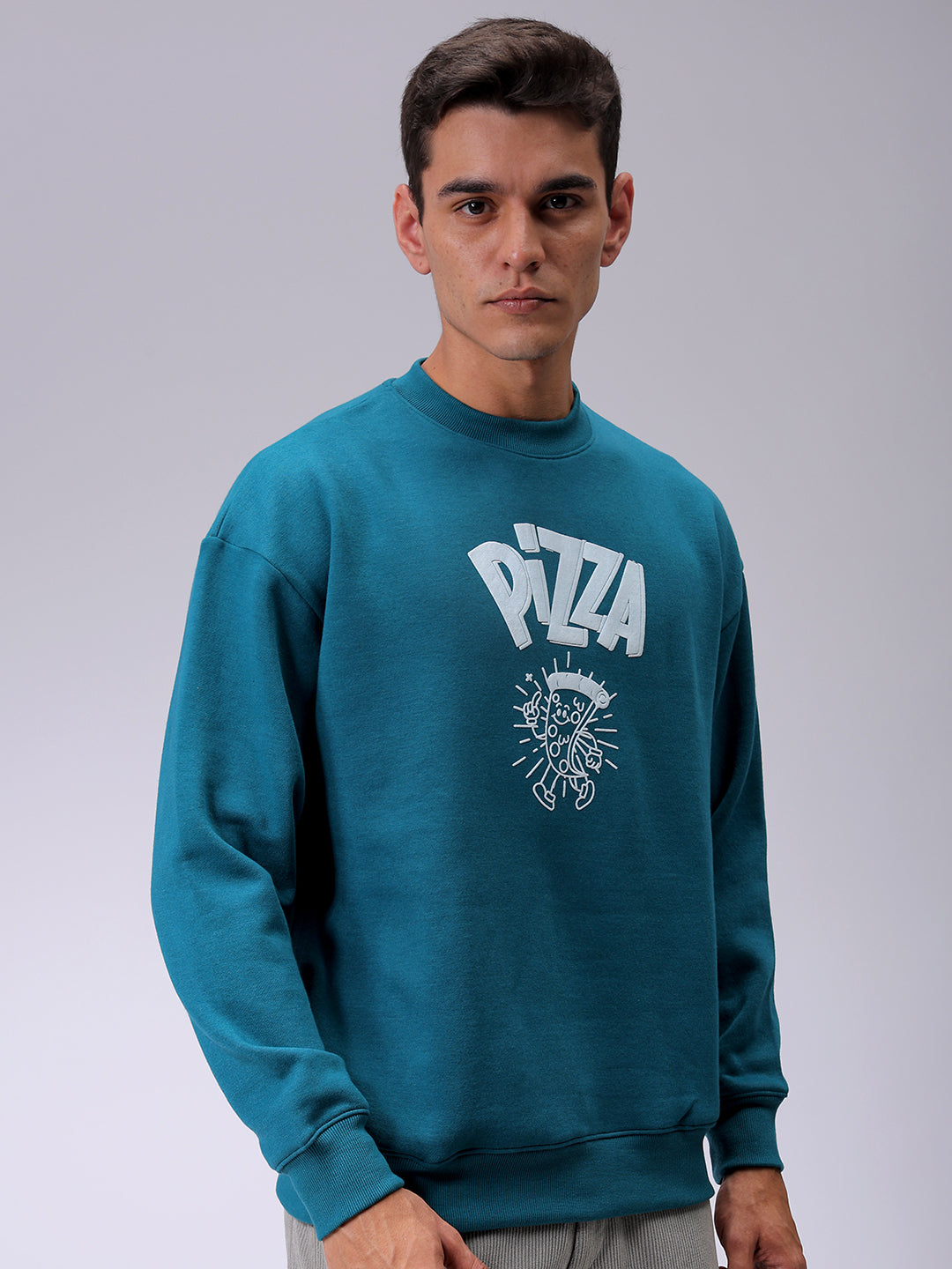 Men's Green Relaxed Fit Placement Printed Overhead-Crewneck Sweatshirt