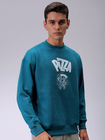 Men's Green Relaxed Fit Placement Printed Overhead-Crewneck Sweatshirt