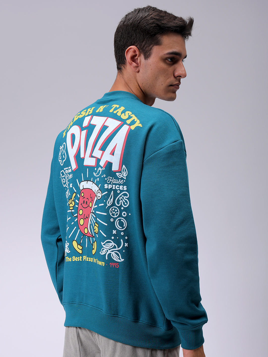 Men's Green Relaxed Fit Placement Printed Overhead-Crewneck Sweatshirt