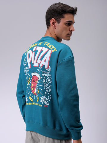 Men's Green Relaxed Fit Placement Printed Overhead-Crewneck Sweatshirt