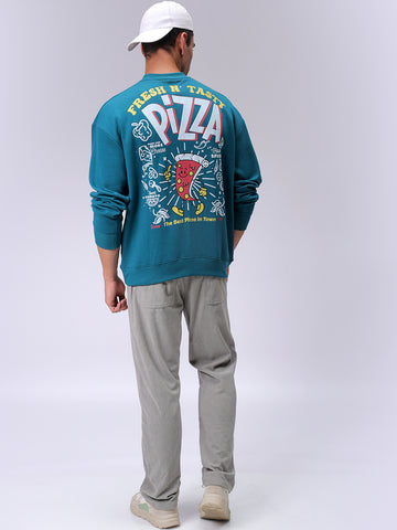 Men's Green Relaxed Fit Placement Printed Overhead-Crewneck Sweatshirt