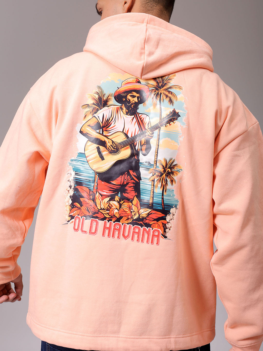 Men's Peach Oversized Placement Printed Overhead Hooded Sweatshirt