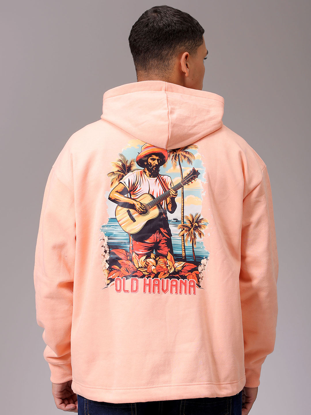 Men's Peach Oversized Placement Printed Overhead Hooded Sweatshirt