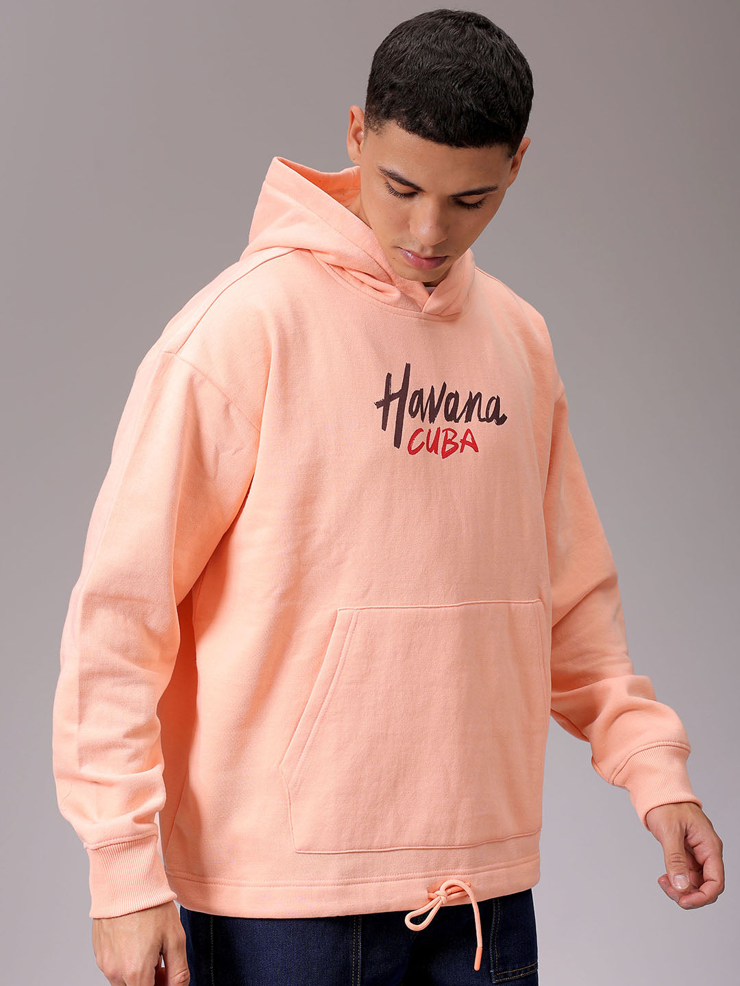 Men's Peach Oversized Placement Printed Overhead Hooded Sweatshirt