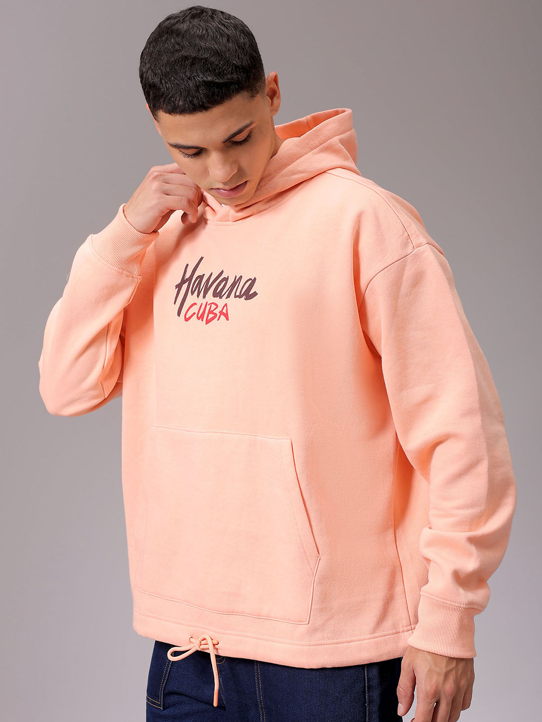 Men's Peach Oversized Placement Printed Overhead Hooded Sweatshirt