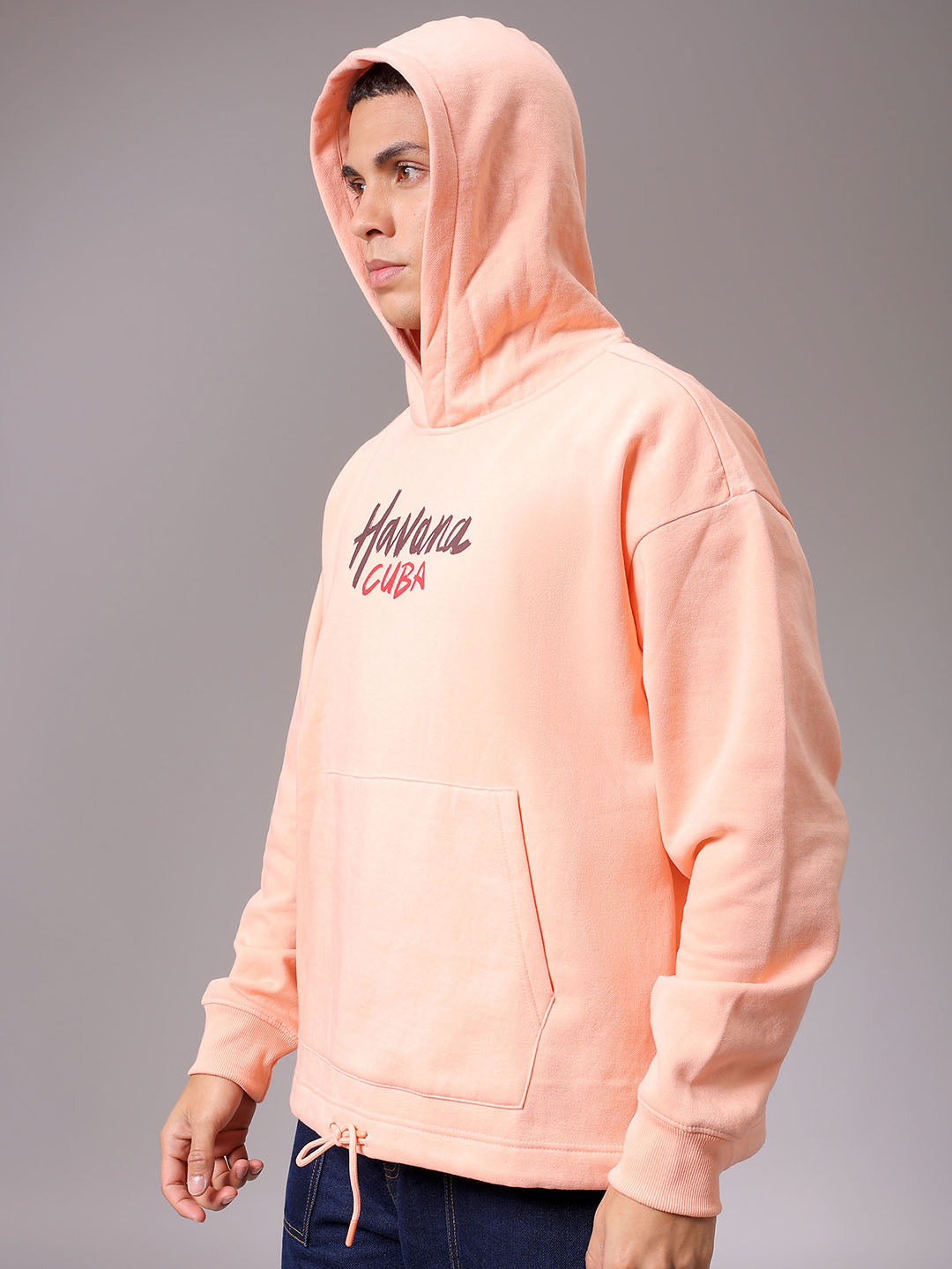 Men's Peach Oversized Placement Printed Overhead Hooded Sweatshirt