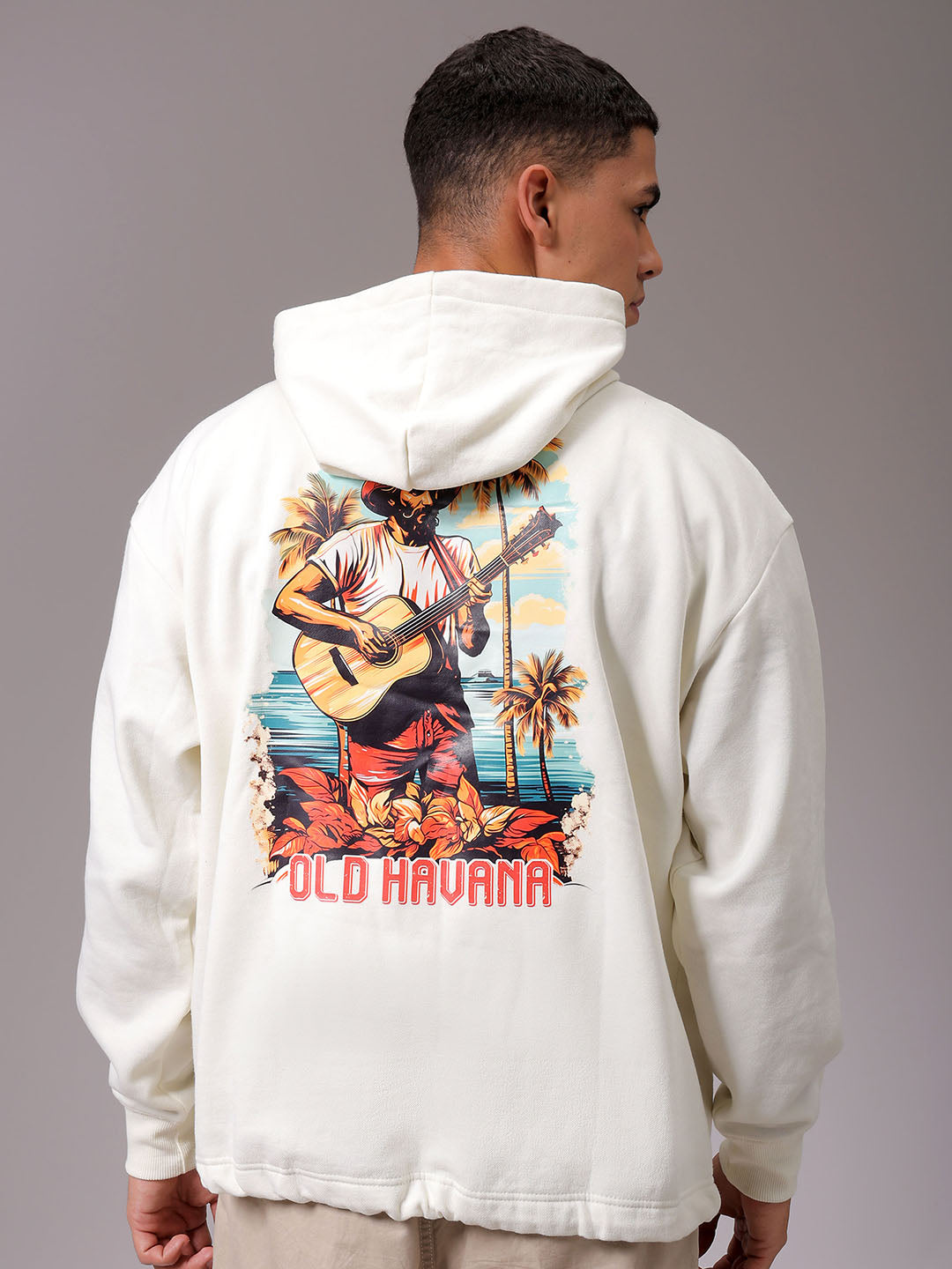 Men's Chalk Oversized Placement Printed Overhead Hooded Sweatshirt