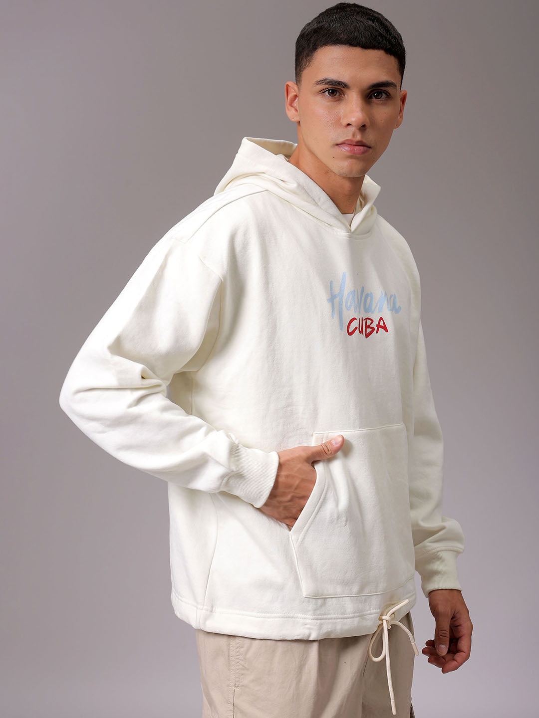 Men's Chalk Oversized Placement Printed Overhead Hooded Sweatshirt