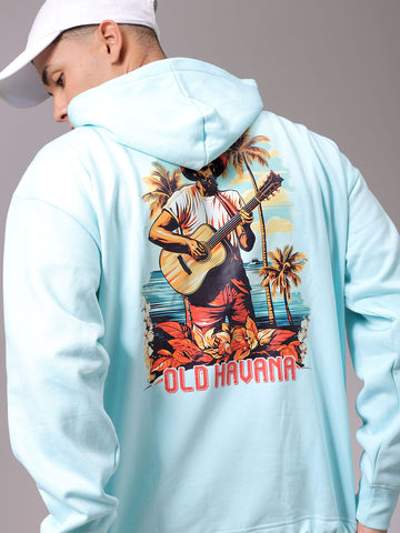 Men's Aqua Oversized Placement Printed Overhead Hooded Sweatshirt