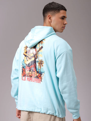Men's Aqua Oversized Placement Printed Overhead Hooded Sweatshirt