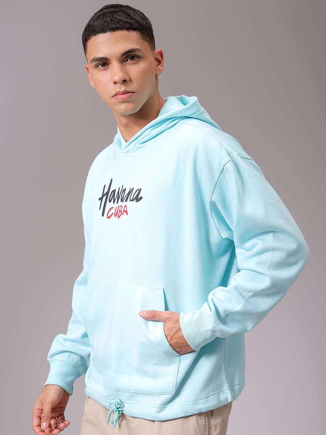 Men's Aqua Oversized Placement Printed Overhead Hooded Sweatshirt
