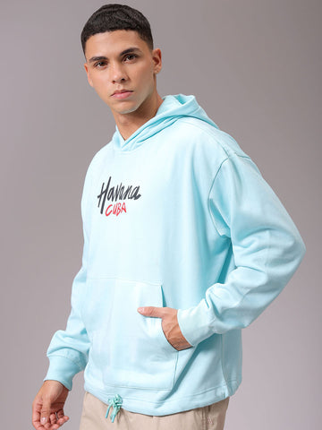 Men's Aqua Oversized Placement Printed Overhead Hooded Sweatshirt