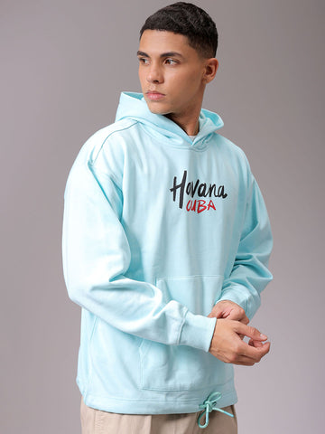 Men's Aqua Oversized Placement Printed Overhead Hooded Sweatshirt