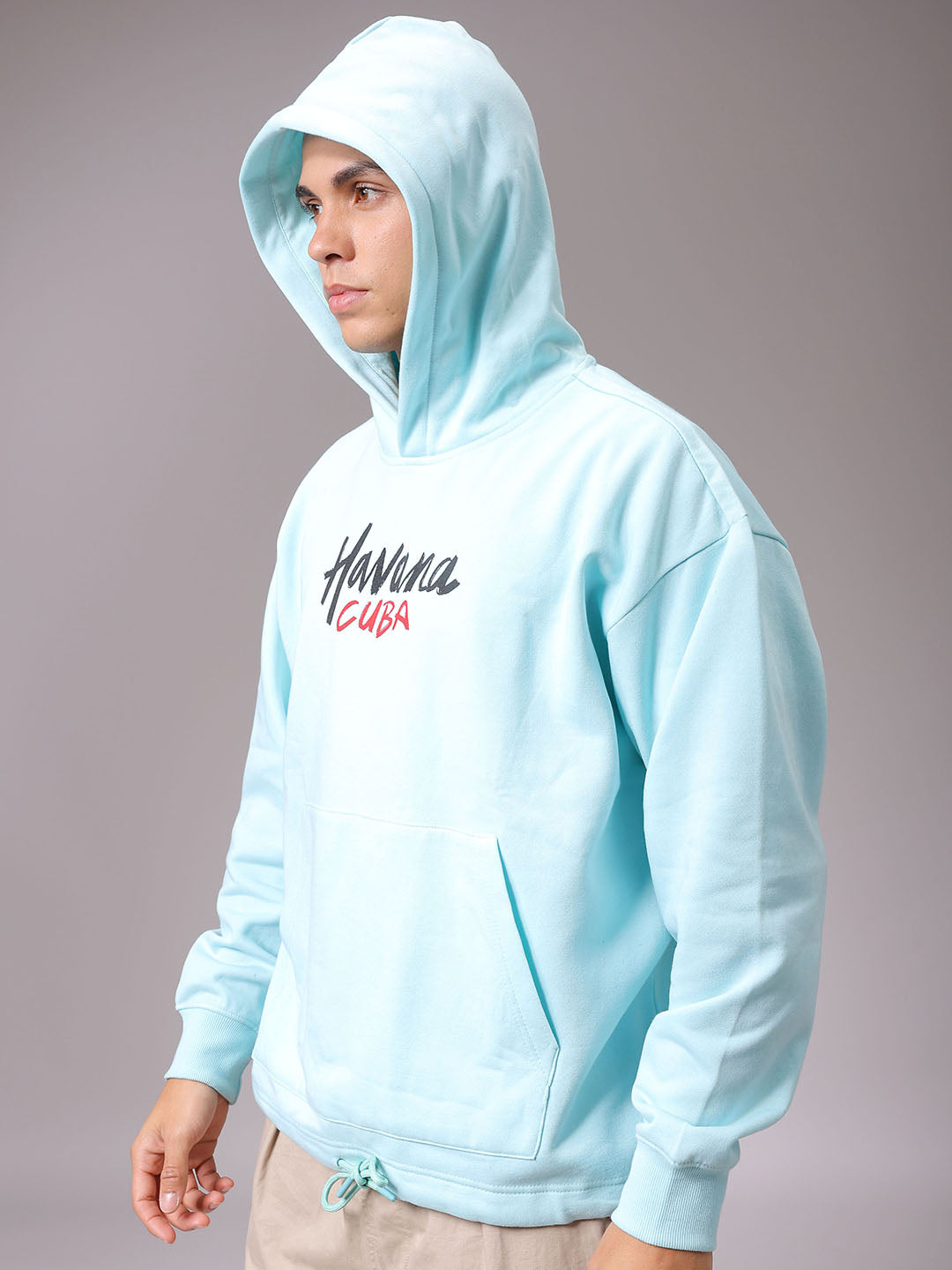 Men's Aqua Oversized Placement Printed Overhead Hooded Sweatshirt