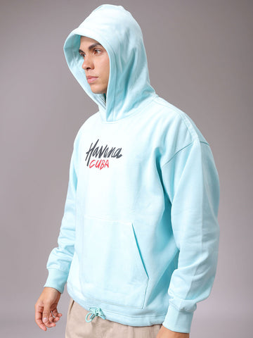 Men's Aqua Oversized Placement Printed Overhead Hooded Sweatshirt