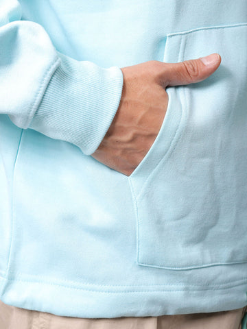 Men's Aqua Oversized Placement Printed Overhead Hooded Sweatshirt