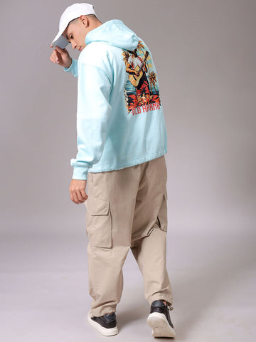 Men's Aqua Oversized Placement Printed Overhead Hooded Sweatshirt