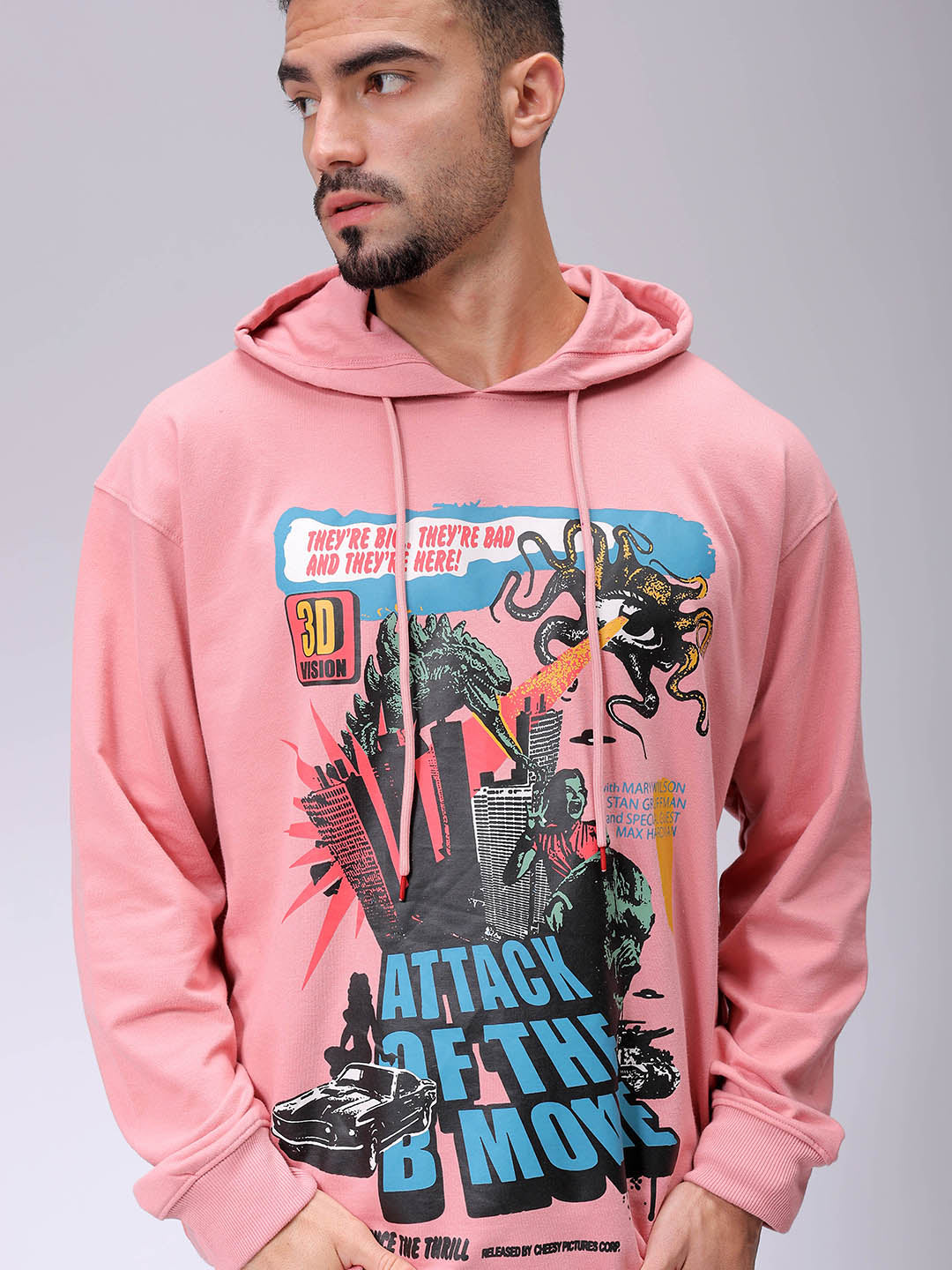 Men's Pink Oversized Placement Printed Overhead-Hooded Sweatshirt