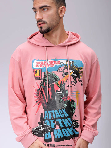 Men's Pink Oversized Placement Printed Overhead-Hooded Sweatshirt