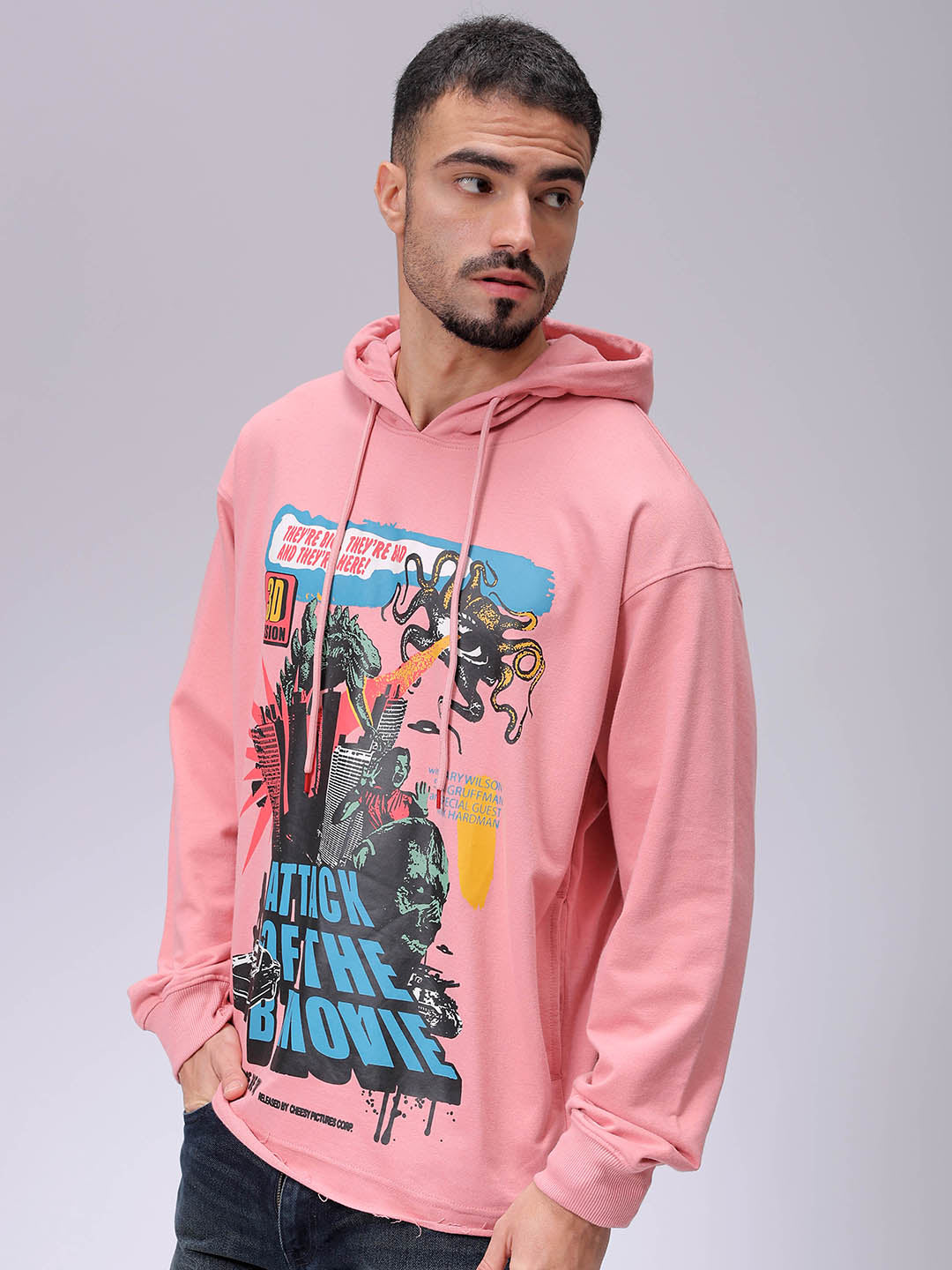 Men's Pink Oversized Placement Printed Overhead-Hooded Sweatshirt