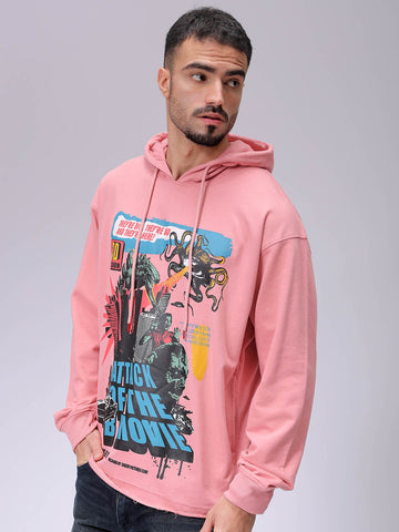 Men's Pink Oversized Placement Printed Overhead-Hooded Sweatshirt