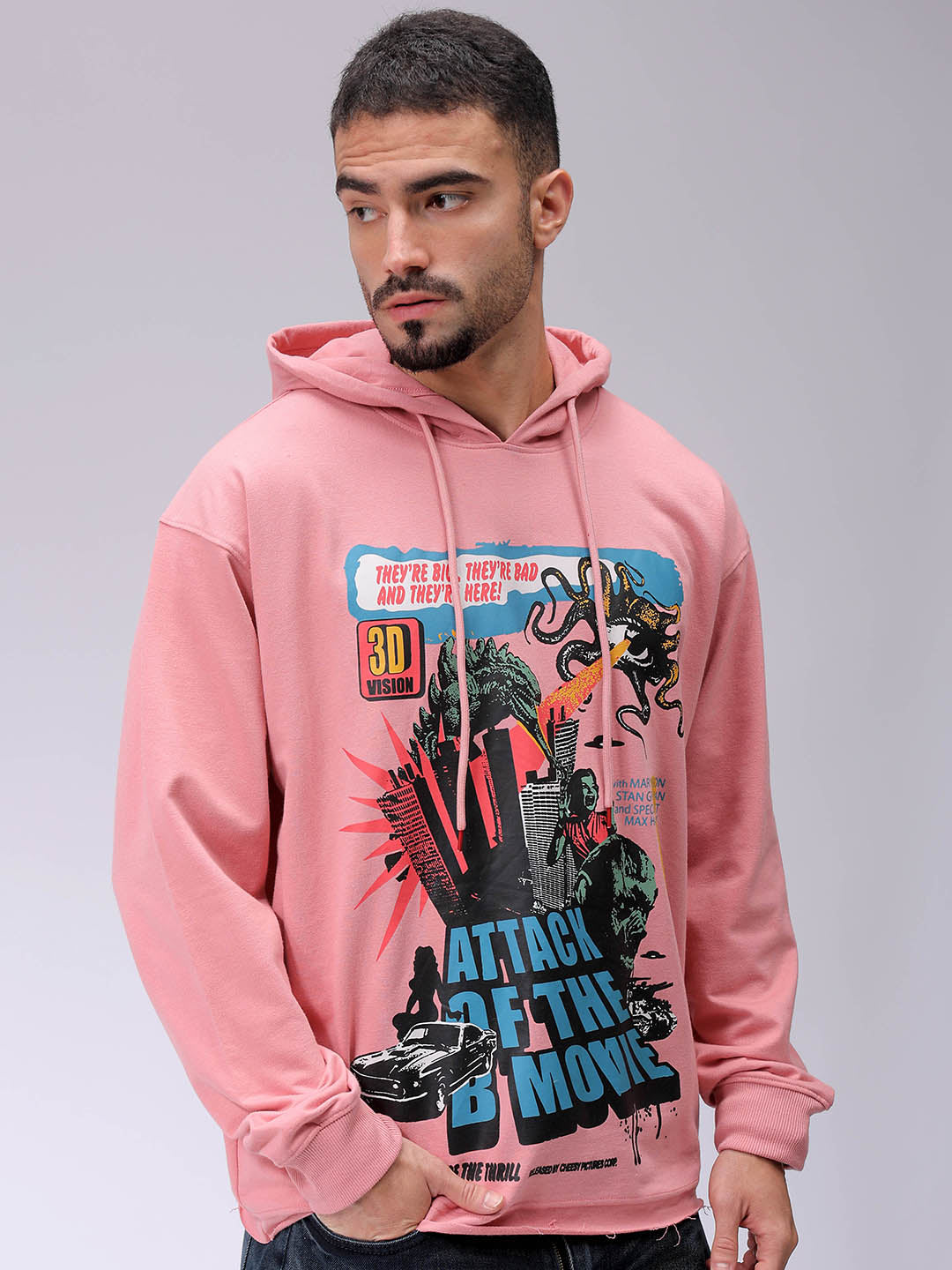 Men's Pink Oversized Placement Printed Overhead-Hooded Sweatshirt