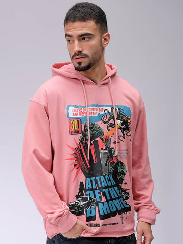 Men's Pink Oversized Placement Printed Overhead-Hooded Sweatshirt