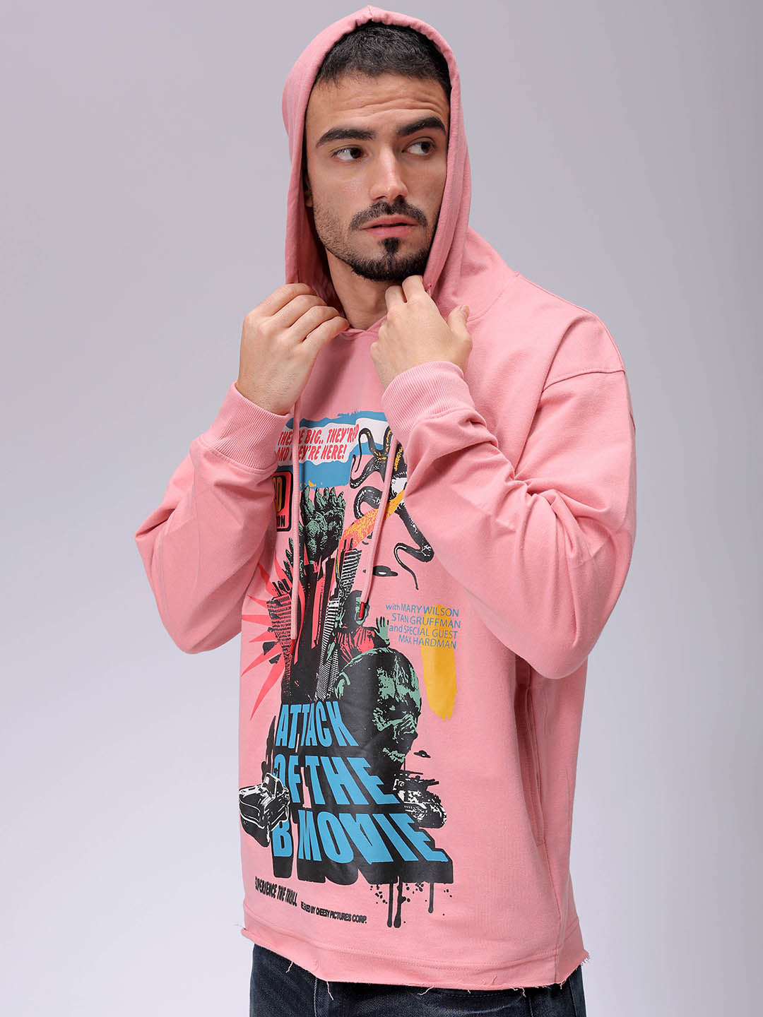 Men's Pink Oversized Placement Printed Overhead-Hooded Sweatshirt