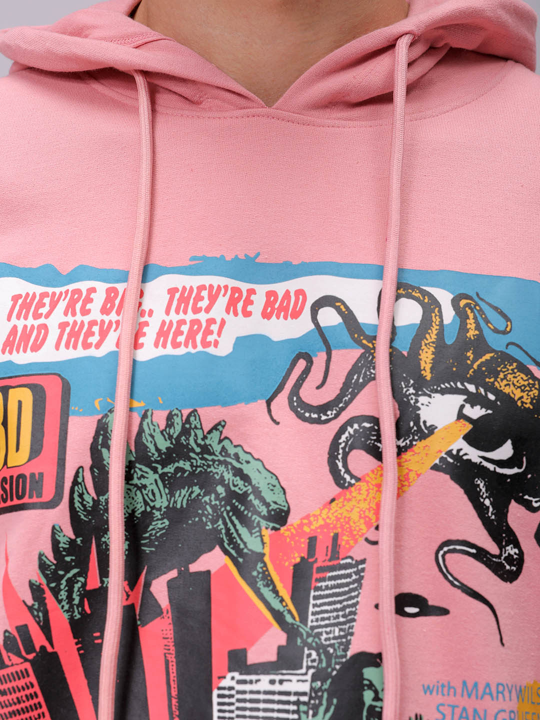 Men's Pink Oversized Placement Printed Overhead-Hooded Sweatshirt