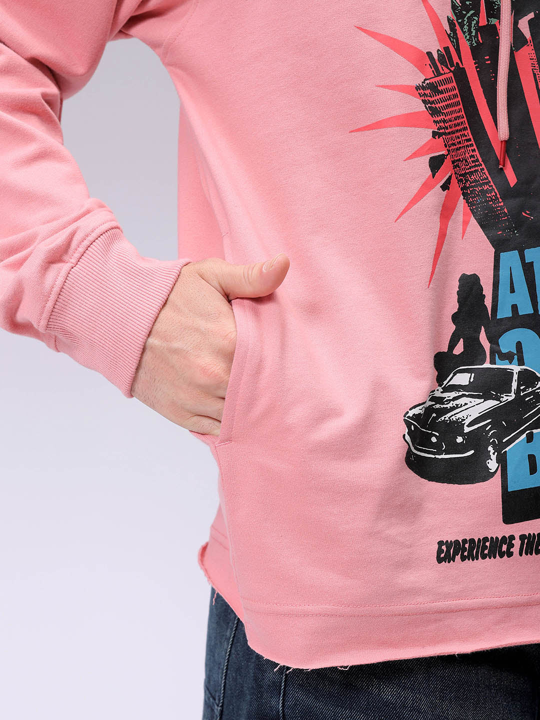 Men's Pink Oversized Placement Printed Overhead-Hooded Sweatshirt