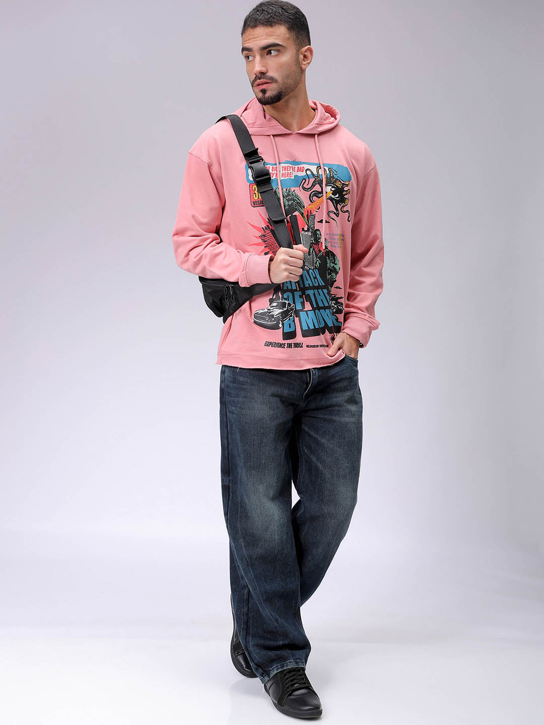 Men's Pink Oversized Placement Printed Overhead-Hooded Sweatshirt