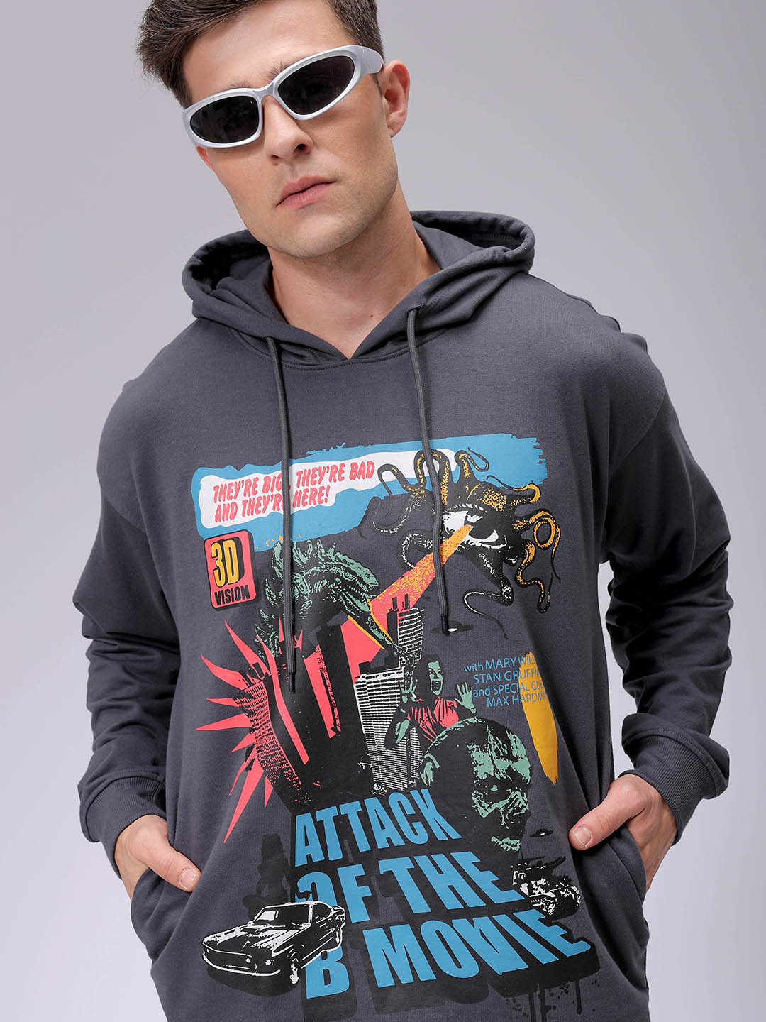 Men's Grey Oversized Placement Printed Overhead-Hooded Sweatshirt