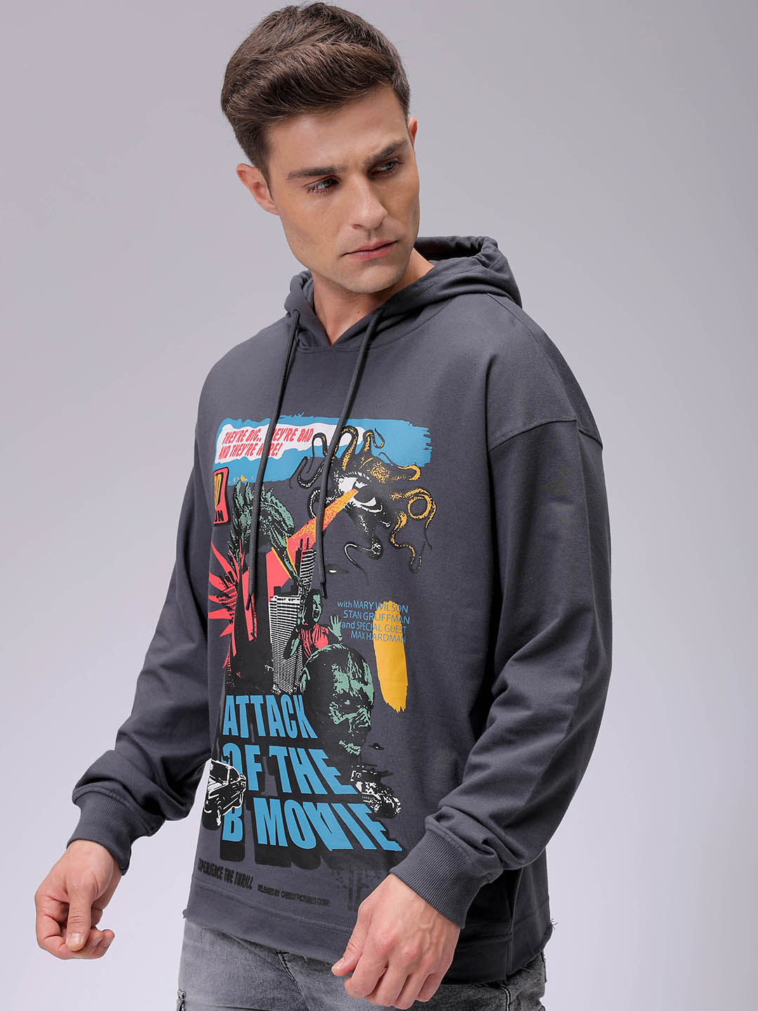 Men's Grey Oversized Placement Printed Overhead-Hooded Sweatshirt