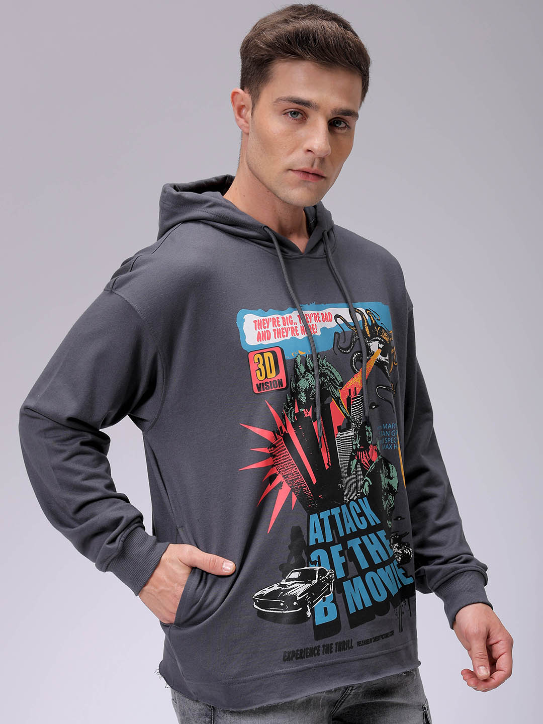 Men's Grey Oversized Placement Printed Overhead-Hooded Sweatshirt