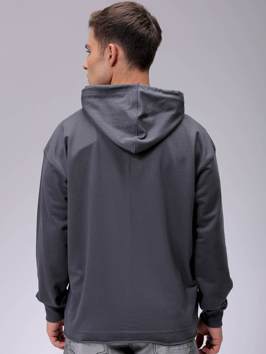 Men's Grey Oversized Placement Printed Overhead-Hooded Sweatshirt