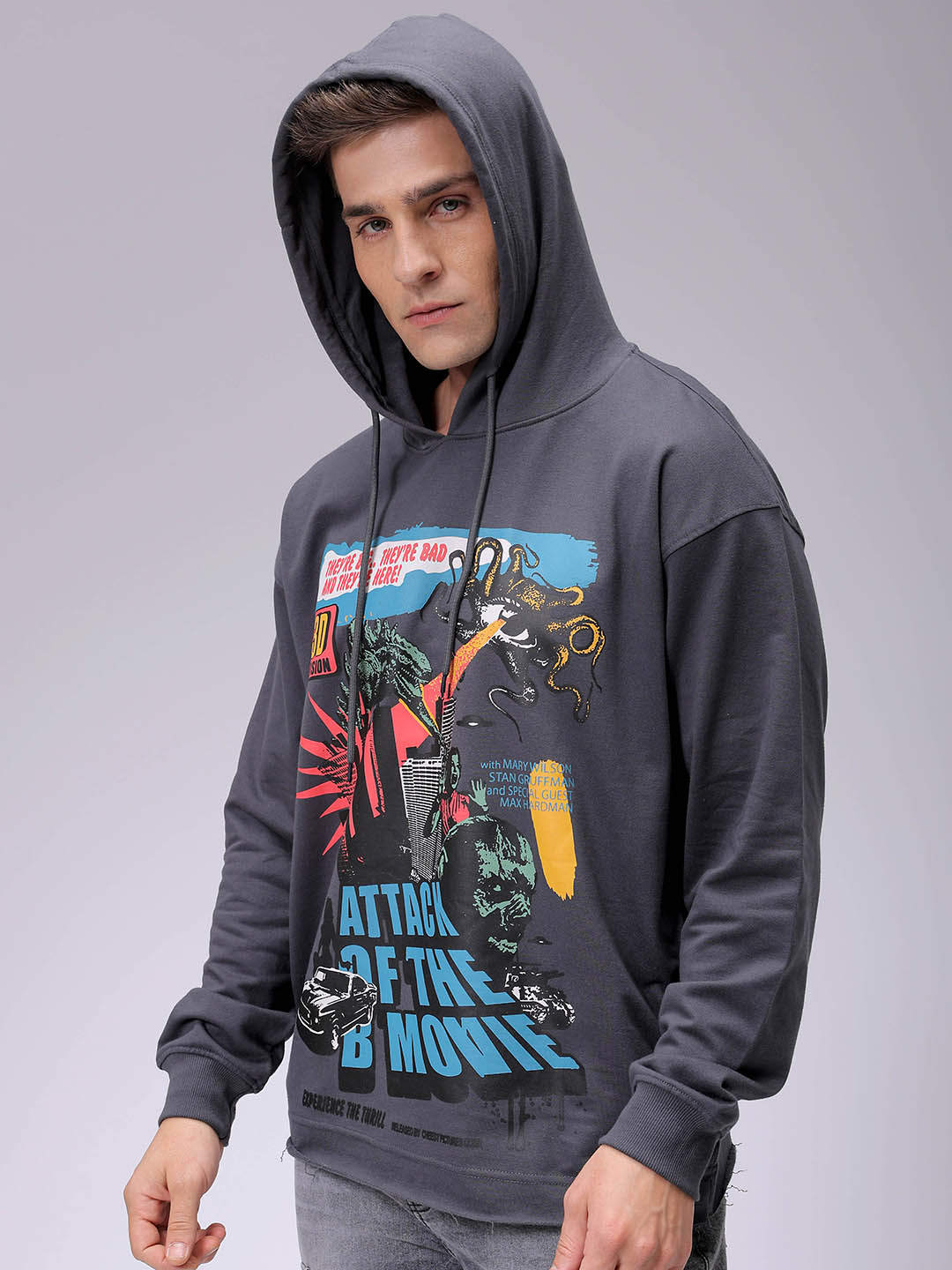 Men's Grey Oversized Placement Printed Overhead-Hooded Sweatshirt