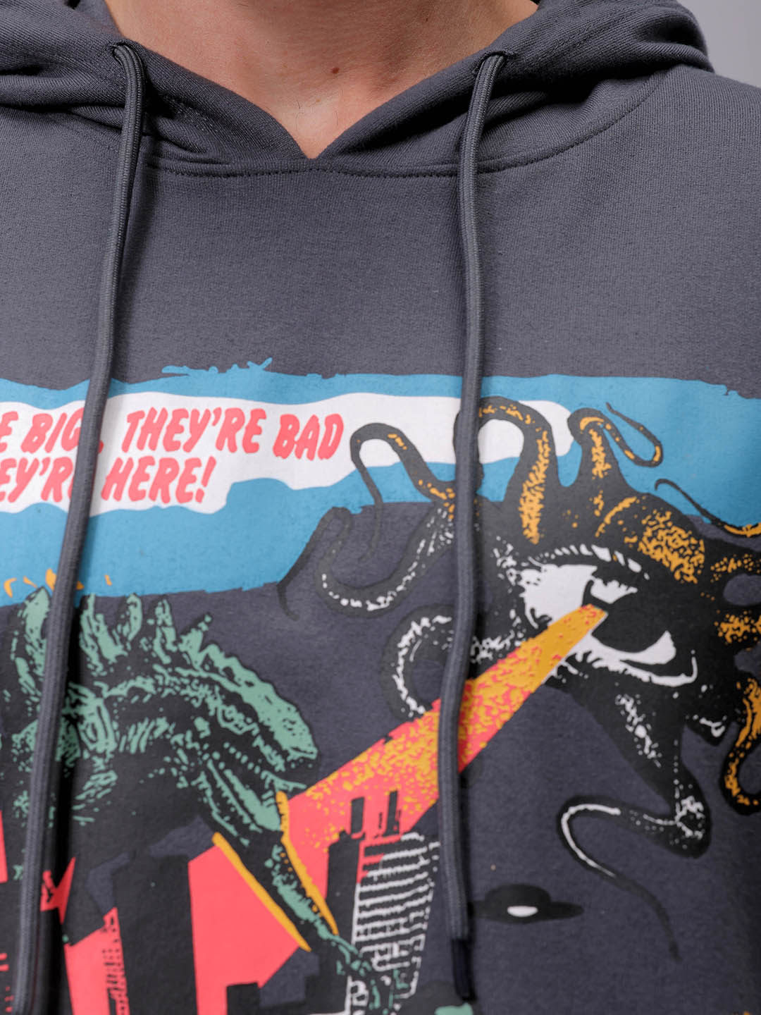 Men's Grey Oversized Placement Printed Overhead-Hooded Sweatshirt
