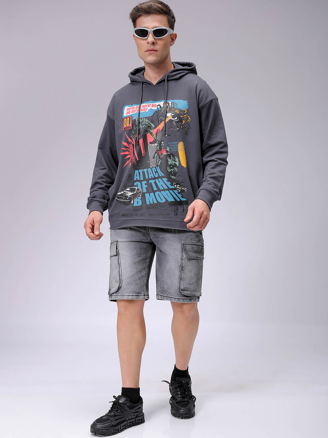 Men's Grey Oversized Placement Printed Overhead-Hooded Sweatshirt