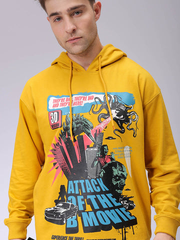 Men's Yellow Oversized Placement Printed Overhead-Hooded Sweatshirt