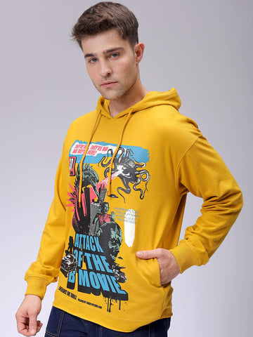 Men's Yellow Oversized Placement Printed Overhead-Hooded Sweatshirt