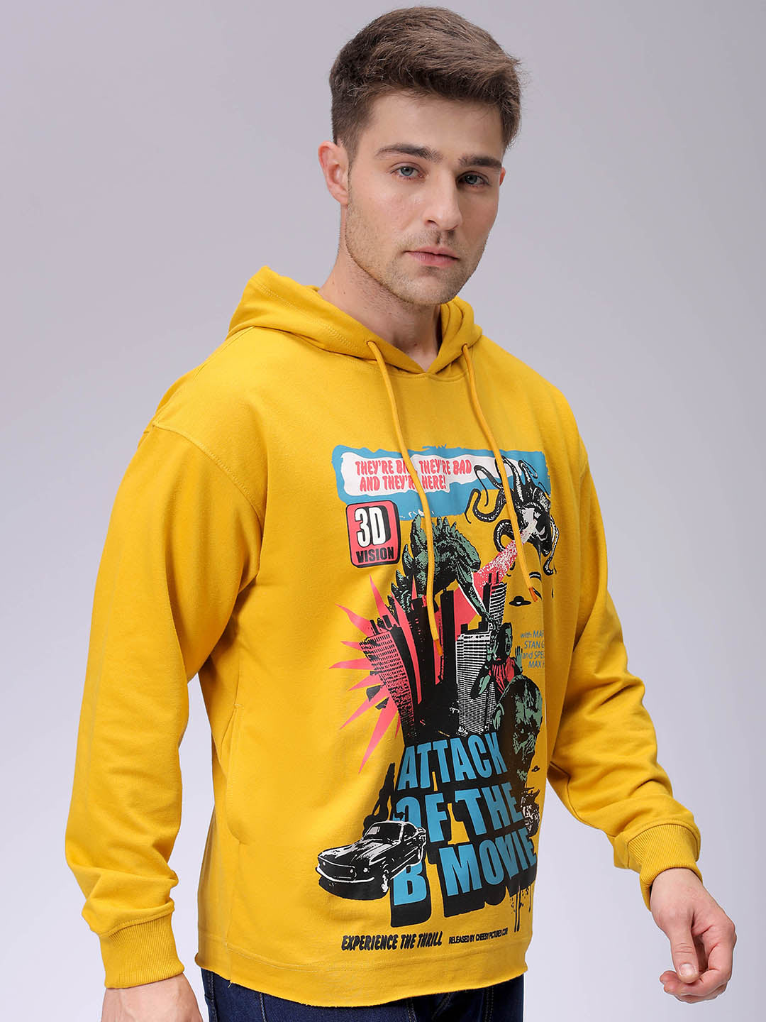 Men's Yellow Oversized Placement Printed Overhead-Hooded Sweatshirt