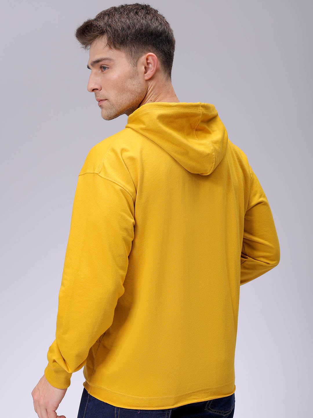 Men's Yellow Oversized Placement Printed Overhead-Hooded Sweatshirt