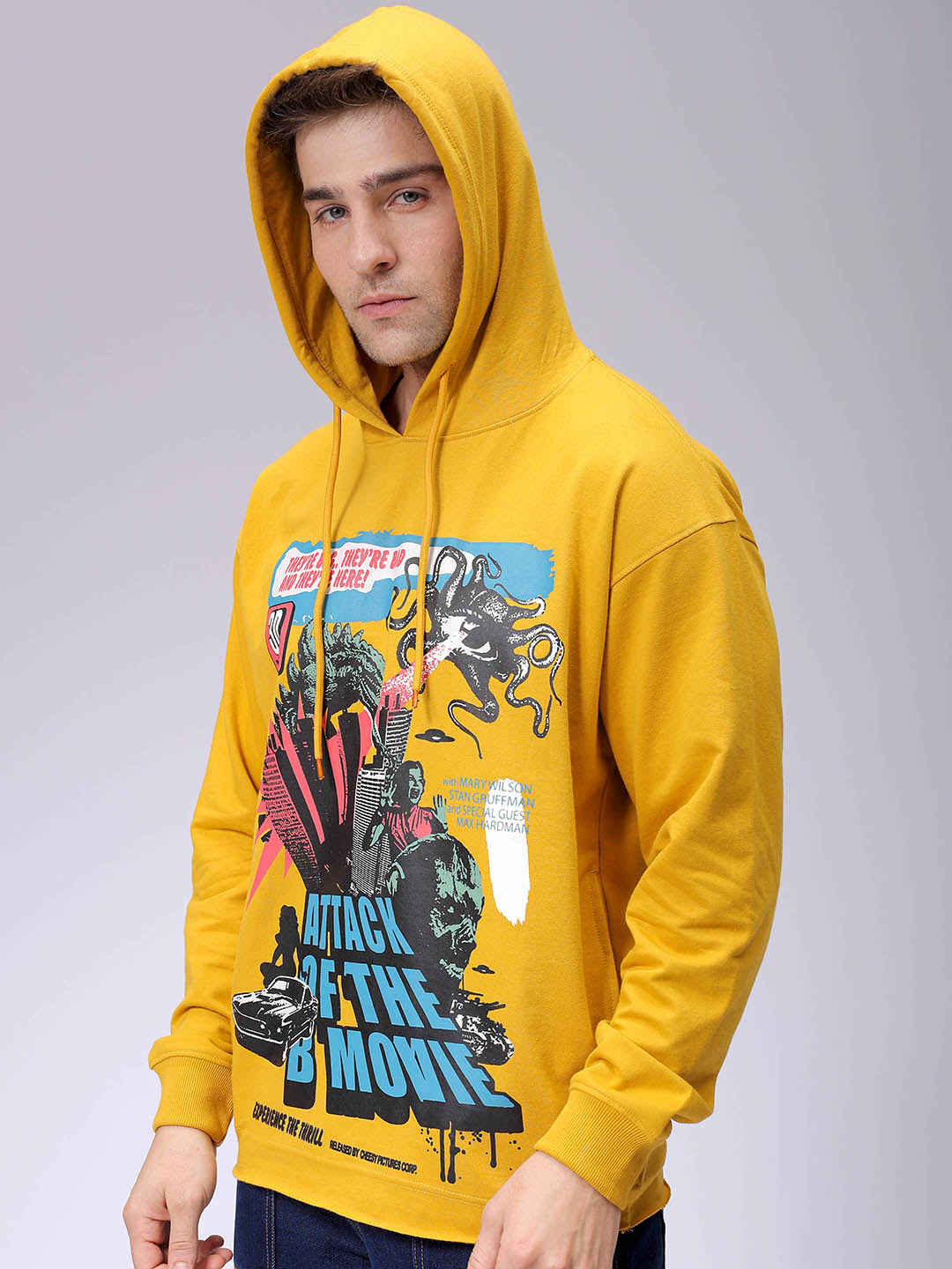 Men's Yellow Oversized Placement Printed Overhead-Hooded Sweatshirt