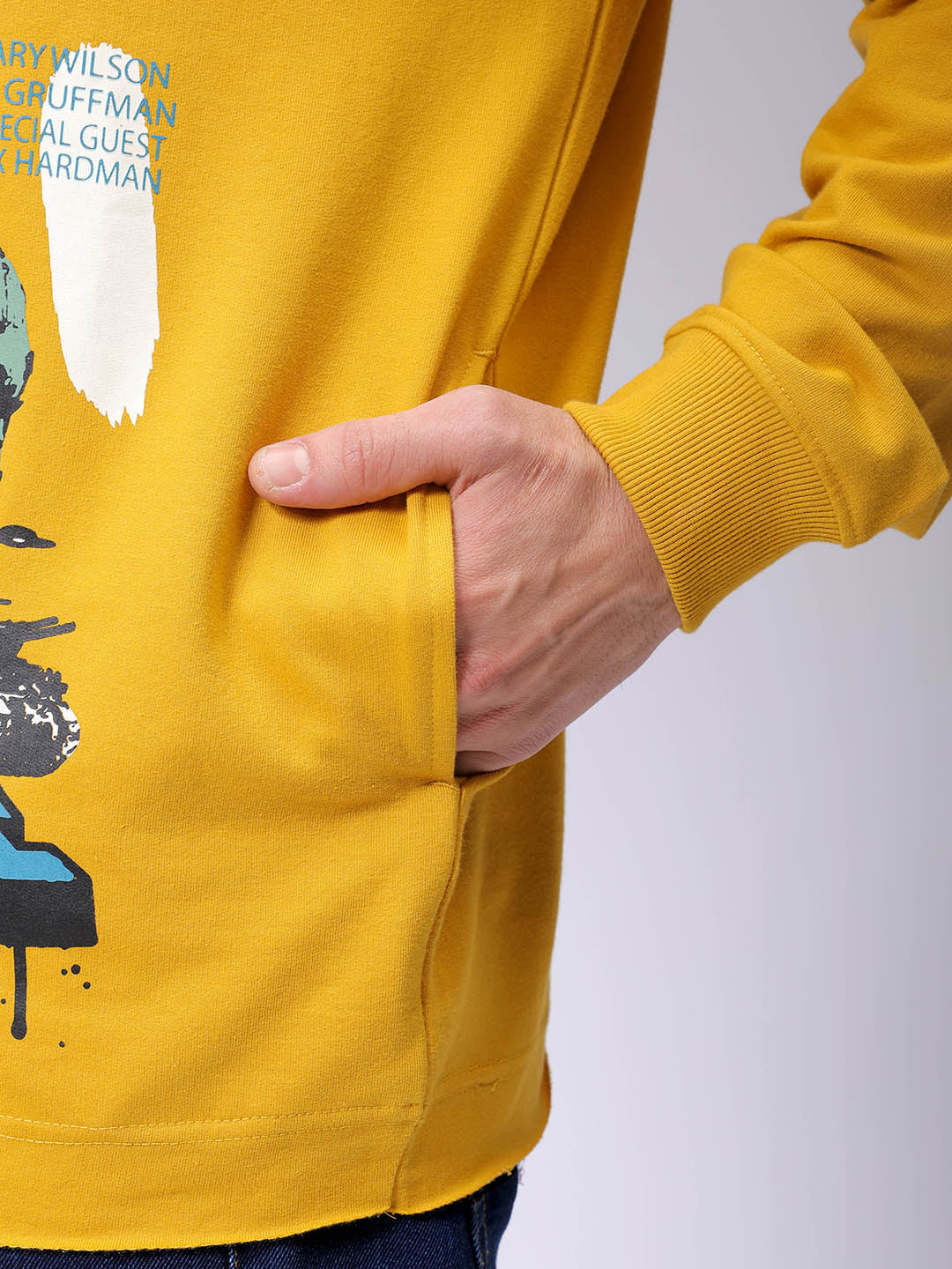 Men's Yellow Oversized Placement Printed Overhead-Hooded Sweatshirt