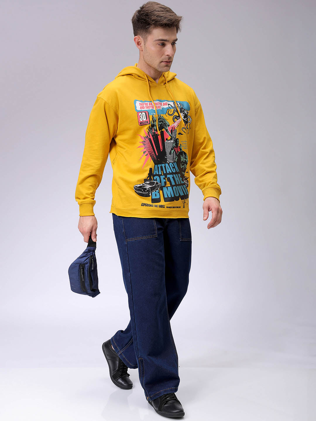 Men's Yellow Oversized Placement Printed Overhead-Hooded Sweatshirt