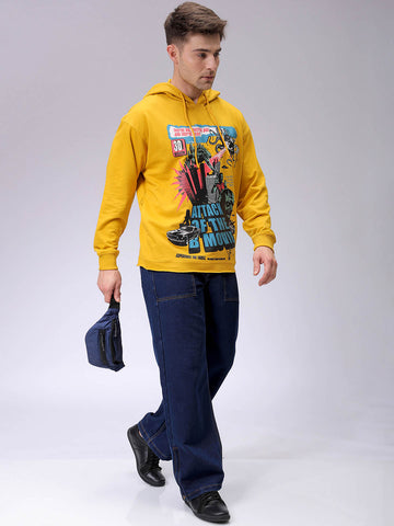 Men's Yellow Oversized Placement Printed Overhead-Hooded Sweatshirt