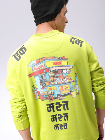 Men's Green Relaxed Fit Placement Printed Crewneck Sweatshirt