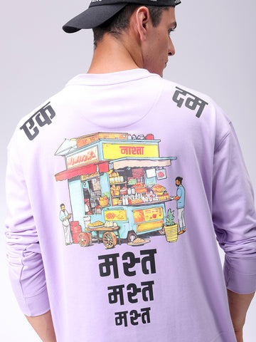 Men's Purple Relaxed Fit Placement Printed Crewneck Sweatshirt