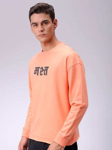 Men's Coral Relaxed Fit Placement Printed Crewneck Sweatshirt
